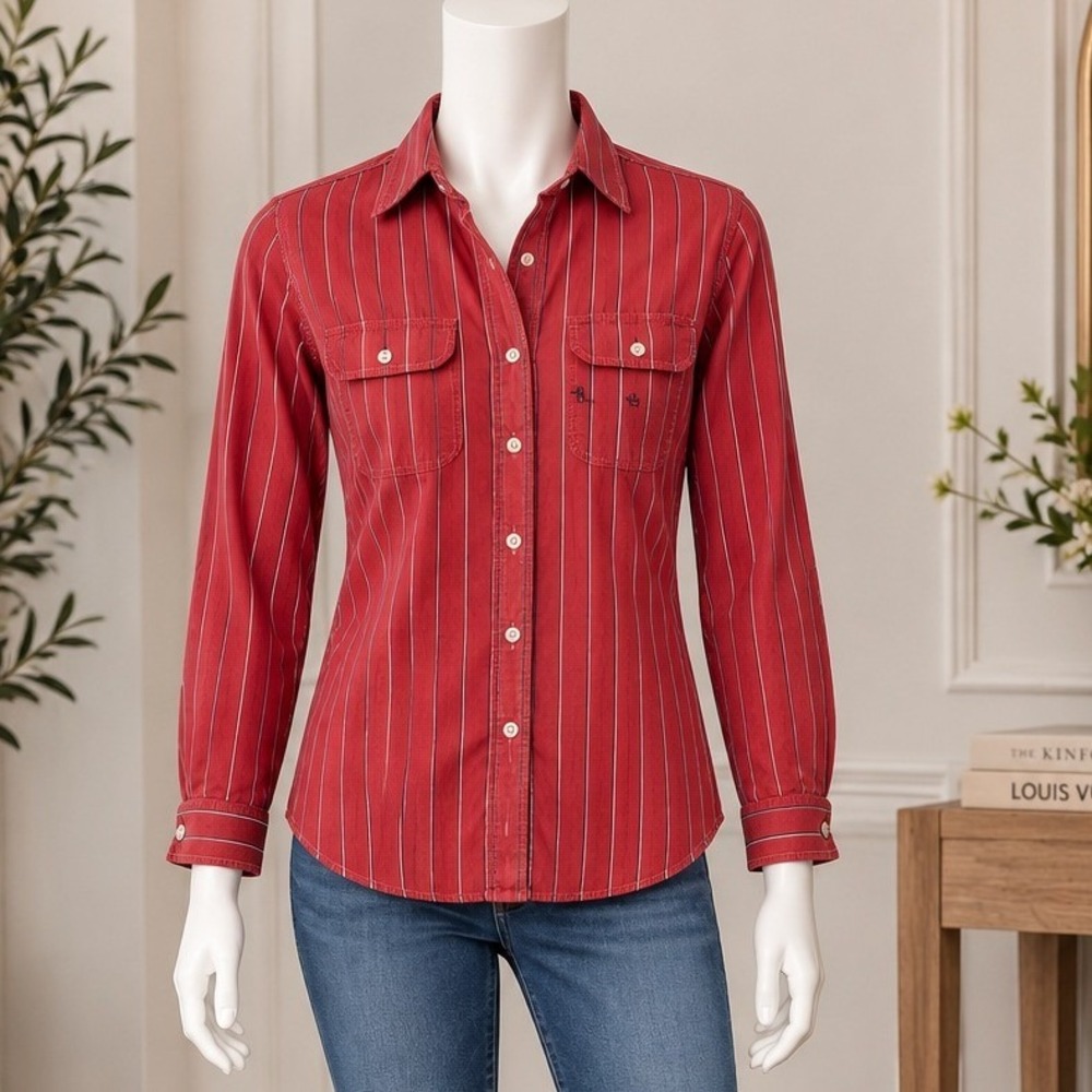 Lauren Ralph Lauren Red Navy Striped Button Up Shirt Cotton Womens S